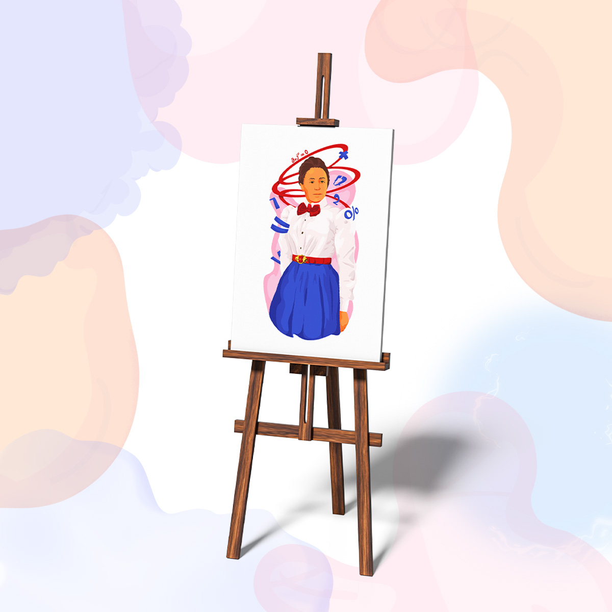 Emmy Noether auf Leinwand. Die Leinwand steht auf einem Stativ.