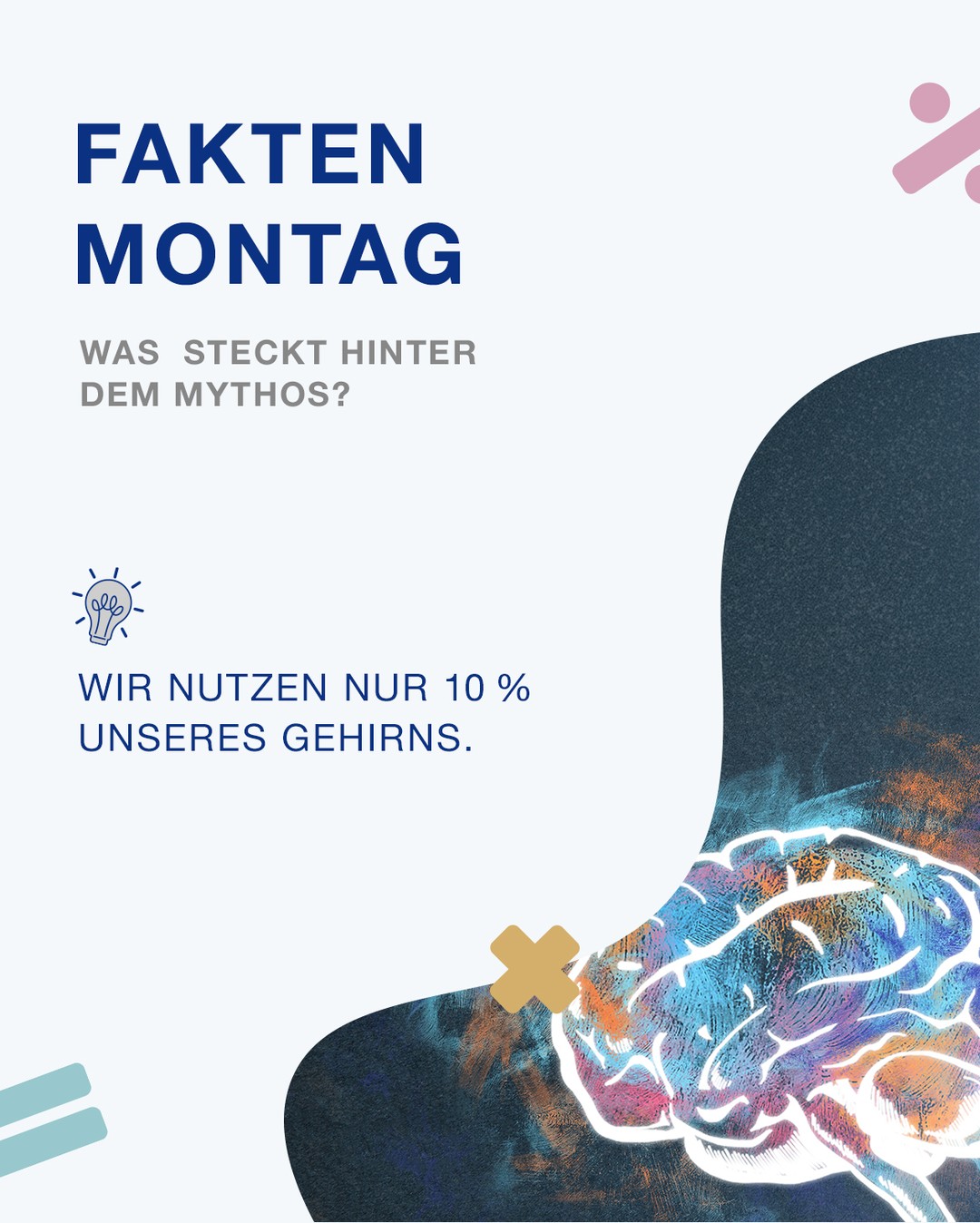 🧠 Wir nutzen nur 10 Prozent unseres Gehirns?
❌ Klingt spannend. Ist aber falsch.
Man geht davon aus, dass über den Tag verteilt nahezu 100 % des Gehirns genutzt werden. Bei einzelnen Aufgaben ist natürlich nicht alles gleichzeitig auf Maximum aber es gibt keinen „90 % ungenutzten Bereich“.
Schon beim Kopfrechnen laufen mehrere Bereiche gleichzeitig.
Dein Gehirn ist kein 10 Prozent Modell. Es ist ein Hochleistungsrechner.
👇 Hast du den Mythos vorher geglaubt?
#Faktenmontag #Mythos #Gehirn #Wissenschaft #Mathe #Bildung