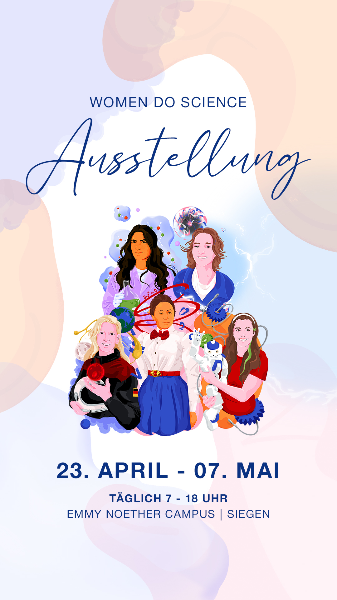 Women do Science kommt direkt zu dir!

In der Ausstellung erlebst du, wie Wissenschaft greifbar wird, lernst inspirierende Heldinnen kennen und bekommst neue Perspektiven auf die Welt von Mathe, Physik, Chemie und Technik.

Los geht es mit der Auftaktveranstaltung am 23 April. Dort triffst du Ida Hülsbusch @id.dusia und Dr. Carmen Köhler @astrocarmen persönlich. Sie nehmen dich mit in ihren Weg in die Wissenschaft, erzählen aus ihrem Arbeitsalltag und beantworten deine Fragen.

Dich erwarten spannende Einblicke, besondere Giveaways und ein exklusiver Malwettbewerb, bei dem du deine eigene Heldin der Wissenschaft gestalten kannst.

Auftaktveranstaltung
23. April
10:00 - 12:30 Uhr

Ausstellung 
23. April - 07. Mai
täglich 7 - 18 Uhr
Emmy Noether Campus in Siegen

Ob Schüler*innen, Student*innen, Familien oder einfach Neugierige.
Komm vorbei, entdecke MINT neu und lass dich für deinen eigenen Weg inspirieren ✨

#WomenDoScience #mintmachtmut #vorbilder #mädcheninmint #ausstellung