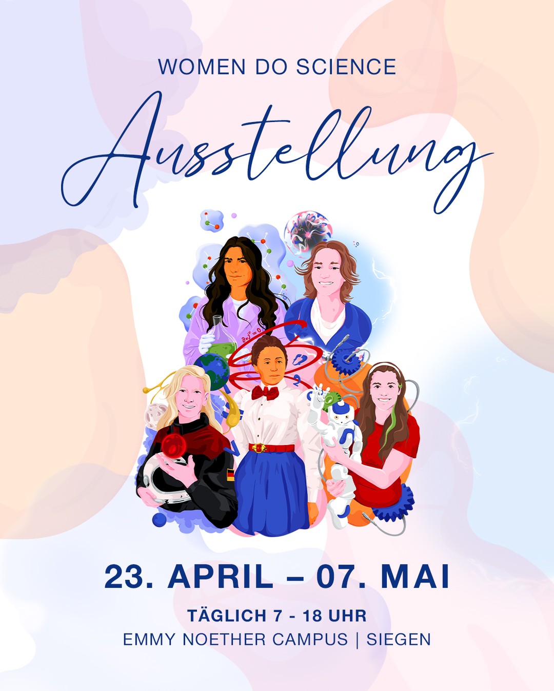 Wissenschaft zum Anfassen 🔬✨

Women do Science kommt zu DIR!
Erlebe Wissenschaft hautnah, entdecke inspirierende Heldinnen und tauche in die Welt von MINT ein.

Wir starten mit der Auftaktveranstaltung am 23. April.
Lerne dort die Wissenschaftlerinnen Ida Hülsbusch @id.dusia und Dr. Carmen Köhler @astrocarmen persönlich kennen.
Sie erzählen über ihre eigenen Wege in die Wissenschaft, ihre tägliche Arbeit und beantworten deine persönlichen Fragen.

Freu dich auf spannende Einblicke, besondere Giveaways und einen exclusiven Malwettbewerb rund um deine eigene Heldin der Wissenschaft.

23. April - 07. Mai
täglich von 7 - 18 Uhr
Emmy Noether Campus in Siegen

Egal ob Schüler*innen, Student*innen, Familien oder einfach Neugierige.
Diese Ausstellung gibt dir neue Perspektiven auf MINT und vielleicht sogar Inspiration für deinen eigenen Weg.

Komm vorbei. Wir freuen uns auf dich!

#WomendoScience #MINT #Wissenschaft #Bildung #Ausstellung