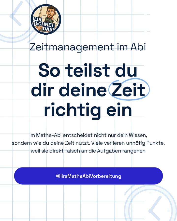 Im Mathe-Abi ist Zeit oft der größte Druckfaktor.

Wenn du direkt mit schweren Aufgaben startest und hängen bleibst, verlierst du wertvolle Minuten – und unnötig Punkte.

👉 Geh strategisch vor:
Erst die Aufgaben lösen, die du sicher kannst, dann Schritt für Schritt die schwierigeren.

So bleibst du im Flow und nutzt deine Zeit optimal.

💬 Wie gehst du aktuell an Prüfungen ran – planvoll oder eher spontan?

#MatheAbi #AbiTipps #Zeitmanagement #Abitur2026 #Mathelernen #IlirRechnetDas