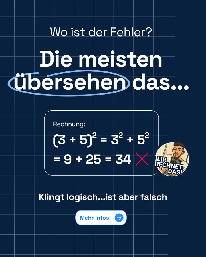 Solche Fehler passieren schneller, als man denkt – vor allem, wenn man sich zu sicher ist.

Oft liegt es nicht daran, dass man es nicht kann, sondern daran, dass man eine Regel falsch anwendet.

👉 Nimm dir kurz die Zeit und überprüfe deine Schritte – das kann den Unterschied machen.

💬 Hast du den Fehler direkt erkannt?

#Mathe #Mathelernen #MatheFehler #Rechnen #IlirRechnetDas