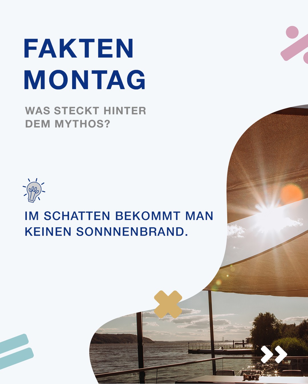 Kann man im Schatten einen Sonnenbrand bekommen? 🤔

Ja! Auch im Schatten erreicht dich UV-Strahlung. Sie wird unter anderem von Wasser, Sand oder Hauswänden reflektiert. Außerdem gelangen bis zu 80 % der UV-Strahlen durch die Wolken.

Wichtig zu wissen: Sonnencreme verlängert die Eigenschutzzeit deiner Haut nicht unbegrenzt. Nachcremen hilft, den Schutz aufrechtzuerhalten, verlängert die maximale Schutzdauer jedoch nicht.

🔗 Über stiftung-gesundheitswissen.de kannst du deinen Hauttyp bestimmen und die passende Eigenschutzzeit deiner Haut berechnen.

Hättest du gedacht, dass man auch im Schatten Sonnenbrand bekommen kann? 

#Faktenmontag #Sonnenbrand #UVStrahlung #Naturwissenschaften #Sommer