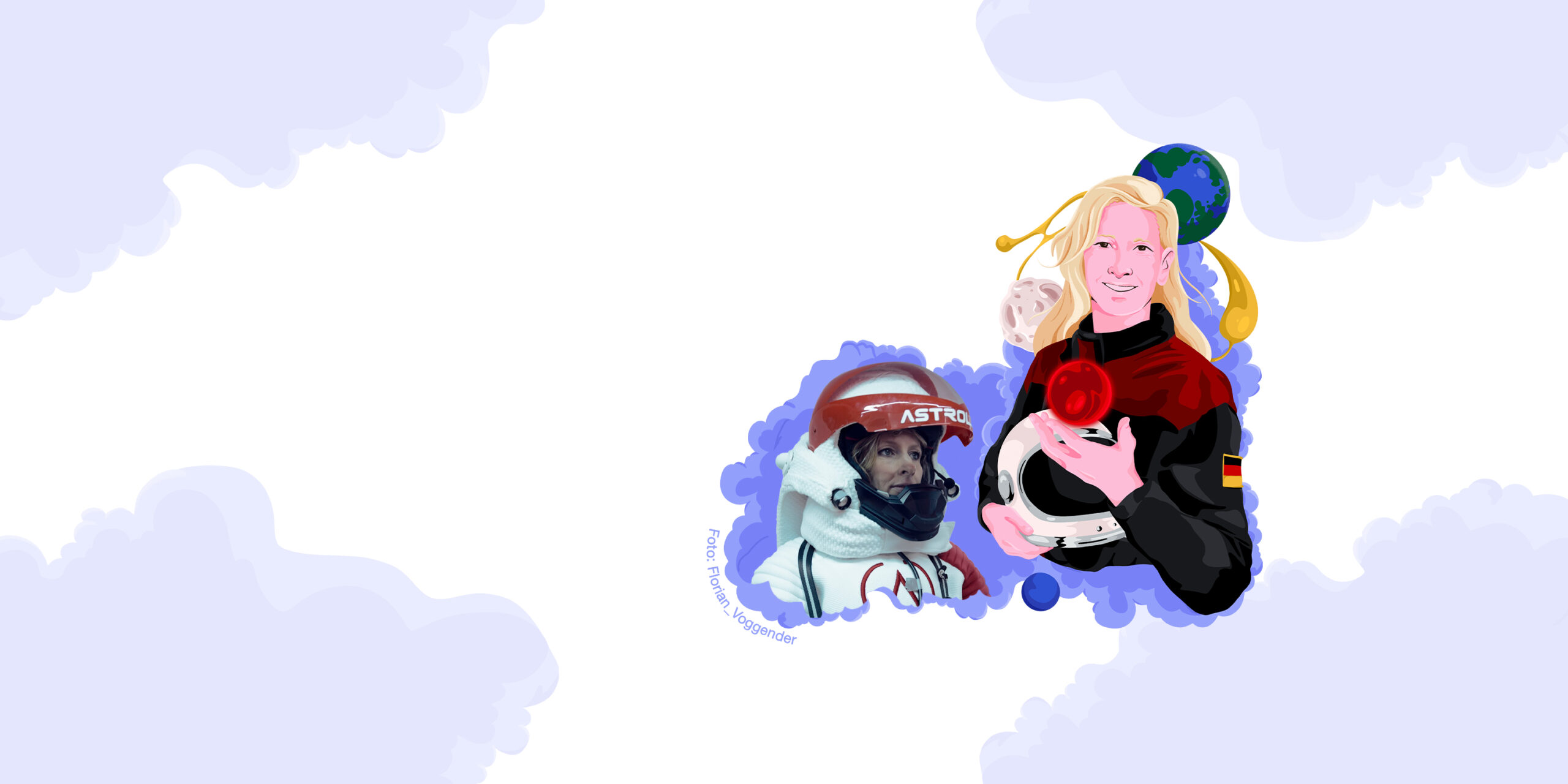 Auf dem Bild ist Dr. Carmen Köhler in einem Astronautenanzug zusehen. Rechts von dem realen Bild ist eine farbige Illustration der Wissenschaftlerin zu sehen. Im Hintergrund des Banners sind blaue Wolken angeordnet