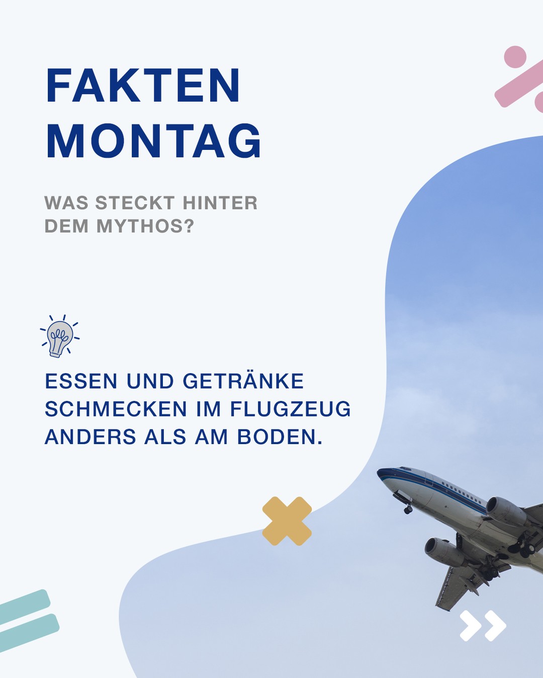 Warum schmecken Essen und Getränke im Flugzeug oft anders? ✈️ 
Der Grund dafür liegt nicht am Essen selbst, sondern an den Bedingungen in der Flugzeugkabine.

Die trockene Luft und der niedrigere Luftdruck beeinflussen unseren Geruchs und Geschmackssinn.

 Dadurch nehmen wir süße und salzige Aromen oft schwächer wahr. Deshalb würzen viele Airlines ihre Gerichte stärker.

 Und auch der beliebte Tomatensaft schmeckt über den Wolken für viele Menschen besonders würzig und aromatisch.

Hast du Tomatensaft im Flugzeug schonmal probiert?🍅

#Faktenmontag #Wissenschaft #Flugzeug #Alltagswissen #MINT