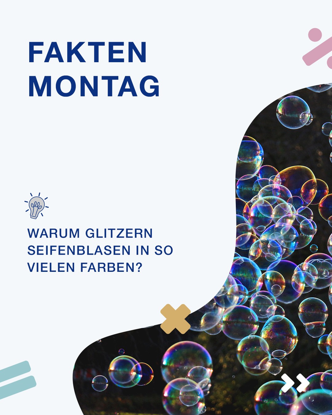 Seifenblasen als Symbol für die Vergänglichkeit des Lebens? 🫧
Genau dafür standen sie früher oft in der Kunst.

Heute schauen wir auf die Physik dahinter: Warum Seifenblasen so bunt schillern, obwohl sie selbst farblos sind, hat mit Licht zu tun.

Trifft es auf die dünne Seifenhaut, wird es mehrfach reflektiert.

Dabei überlagern sich die Lichtwellen und manche Farben werden verstärkt, während andere abgeschwächt werden.

Dieses Phänomen nennt man Interferenz.

Da sich die Dicke der Seifenhaut ständig verändert, verändert sich auch das Farbenspiel. ✨

Wenn dich also das nächste Mal jemand fragt, warum Seifenblasen so bunt schillern, kennst du die Antwort! 🧠

Bei welchem Alltagsphänomen fragst du dich: Warum ist das eigentlich so?

#Physik #Seifenblasen #MINT #Naturwissenschaften #Faktenmontag