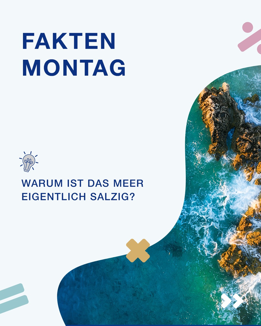 Sechs Teelöffel Salz auf einen Liter Wasser 🌊
Aber wie kommt das ganze Salz eigentlich ins Meer?

Regen löst Mineralien und Salze aus Gesteinen und Böden. Über Flüsse gelangen sie ins Meer. Während Wasser verdunstet, bleibt das Salz zurück und sammelt sich über sehr lange Zeiträume an.

Im Durchschnitt enthält ein Liter Meerwasser etwa 35 Gramm Salz. Das sind ungefähr sechs Teelöffel. 👀

Hättest du gedacht, dass so viel Salz im Meerwasser ist? 

#Faktenmontag #Meer #Naturwissenschaften #MINT #Wissen