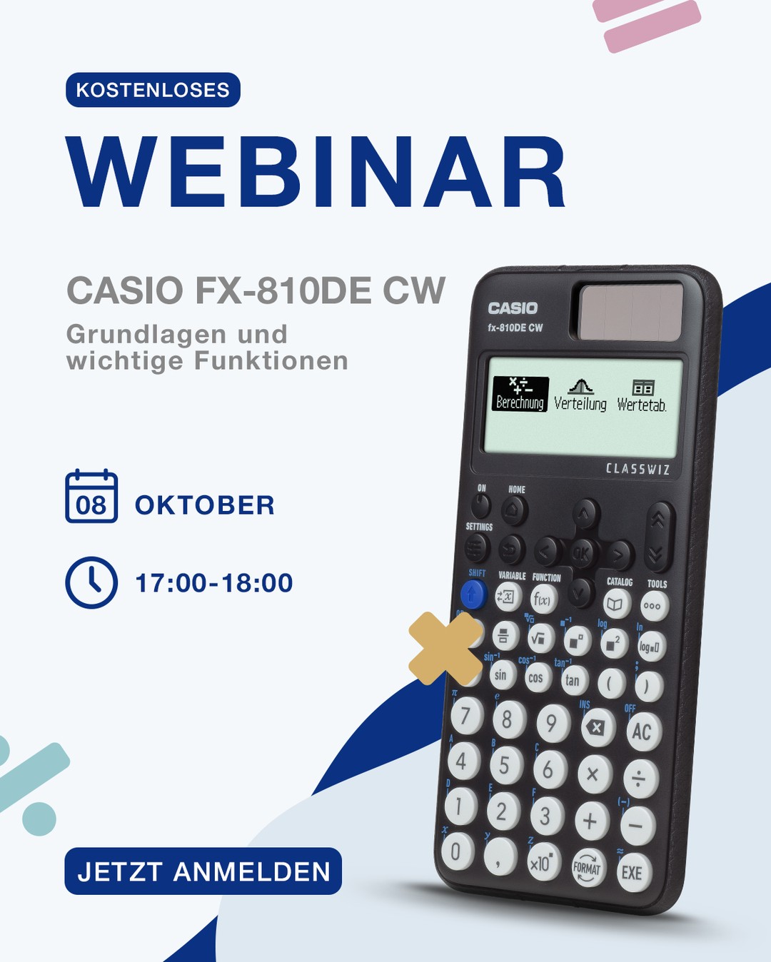 Weniger Funktionen bedeutet nicht automatisch weniger Möglichkeiten. 
Der FX 810DE CW darf laut Vorgaben der KMK* weniger Funktionen haben als andere wissenschaftliche Taschenrechner.
Gemeinsam mit CALCUSO zeigen wir dir, was mit dem Rechner trotzdem alles möglich ist und wie du ihn sinnvoll im Mathematikunterricht einsetzen kannst.

📅 08. Oktober 2026
⏰ 17:00 bis 18:00 Uhr

Wir zeigen dir anhand praktischer Beispiele unter anderem, wie du
• Gleichungen löst
• Primfaktorzerlegungen durchführst
• Ableitungen und Integrale berechnest
• Die QR-Code Funktion mit Weiterleitung auf dein Smartphone oder Tablet nutzen kannst

Vorkenntnisse sind nicht nötig.

Du möchtest wissen, was der FX 810DE CW trotz der Vorgaben alles kann? Dann melde dich jetzt an!
👉 Den Link findest du in unserer Bio.

*Kultusministerkonferenz

#CASIOEducation #ClassPadII #Matheunterricht #Lehrkräfte #Webinar