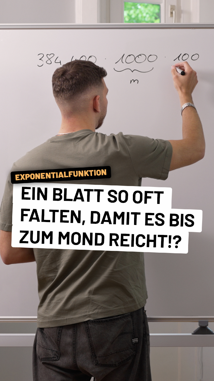 Mein neues YouTube-Video „Exponentialfunktion | Mondpapier“ ist online! 📄📈

Wir schauen uns an, wie schnell die Dicke eines Blattes beim wiederholten Falten wächst – und warum 42 Faltungen zu einem ziemlich überraschenden Ergebnis führen. 🌙

👉 Den ganzen Rechenweg gibt’s auf YouTube!