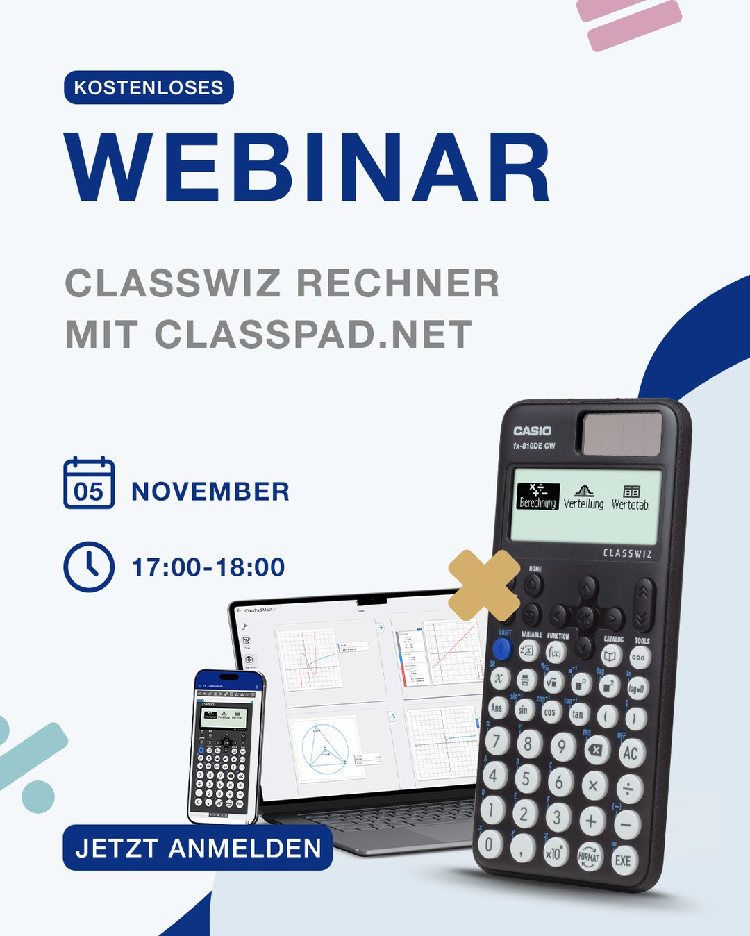 Eine Steckbriefaufgabe grafisch vom Taschenrechner auf deinem Handy lösen?
Wie das und weitere Funktionen mit der Weiterleitung vom ClassWiz Rechner zu ClassPad.net möglich sind, zeigen wir dir in diesem Webinar.

📅 5. November 2026
⏰ 17:00 bis 18:00 Uhr

Zusammen mit CALCUSO zeigen wir dir, wie die Software über den FX-810DE CW direkt aufgerufen werden kann und welche Möglichkeiten daraus für den Mathematikunterricht entstehen.

Den Link zur Anmeldung findest du in unserer Bio.

#Mathematikunterricht #ClassWiz #ClassPad #Lehrkräfte #CASIOEducation